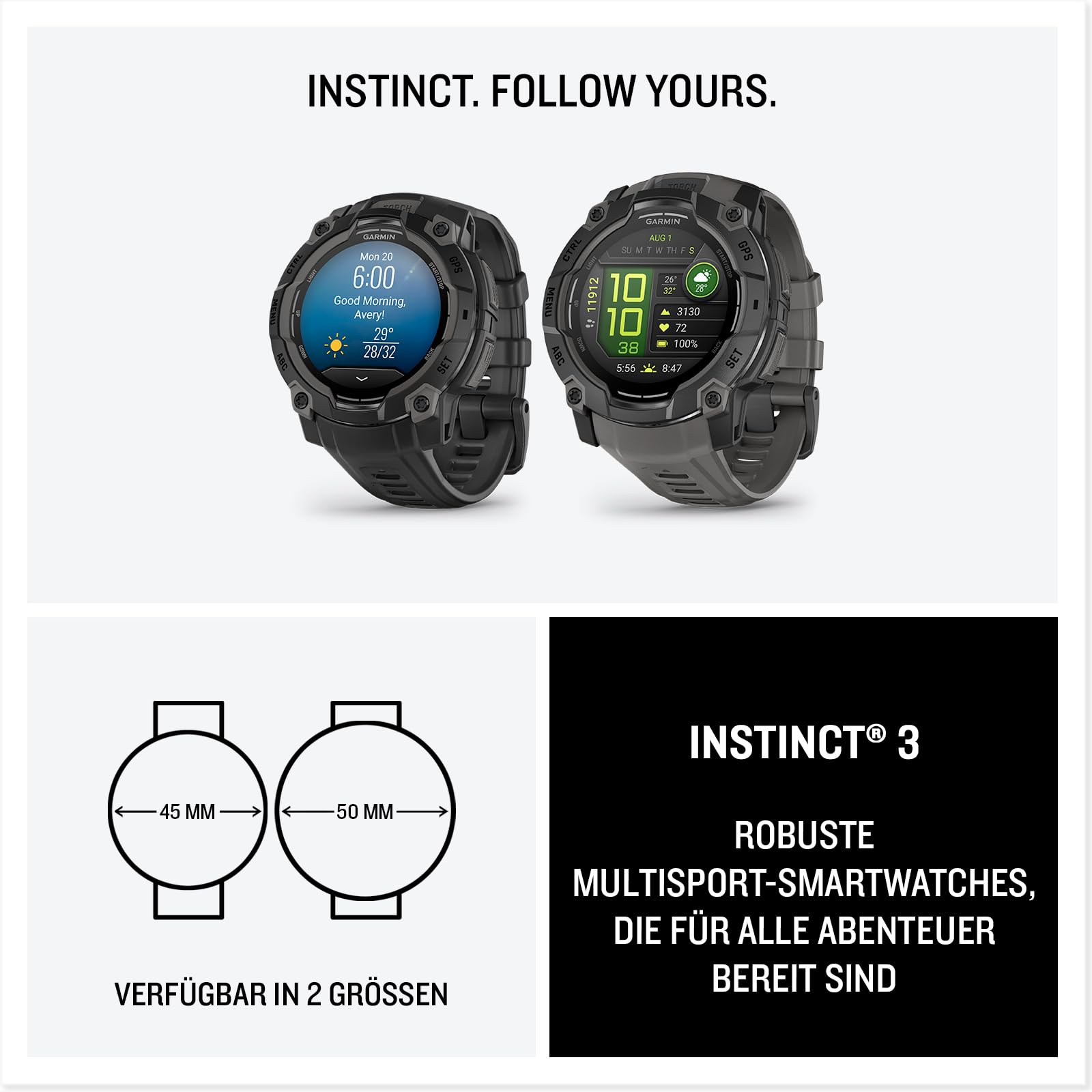 Garmin Instinct 3 50mm AMOLED (renewed), GPS-Multisportuhr, 1,3" AMOLED, 80+ Sport-Apps, bis 24 Tage Akku, Health Coach