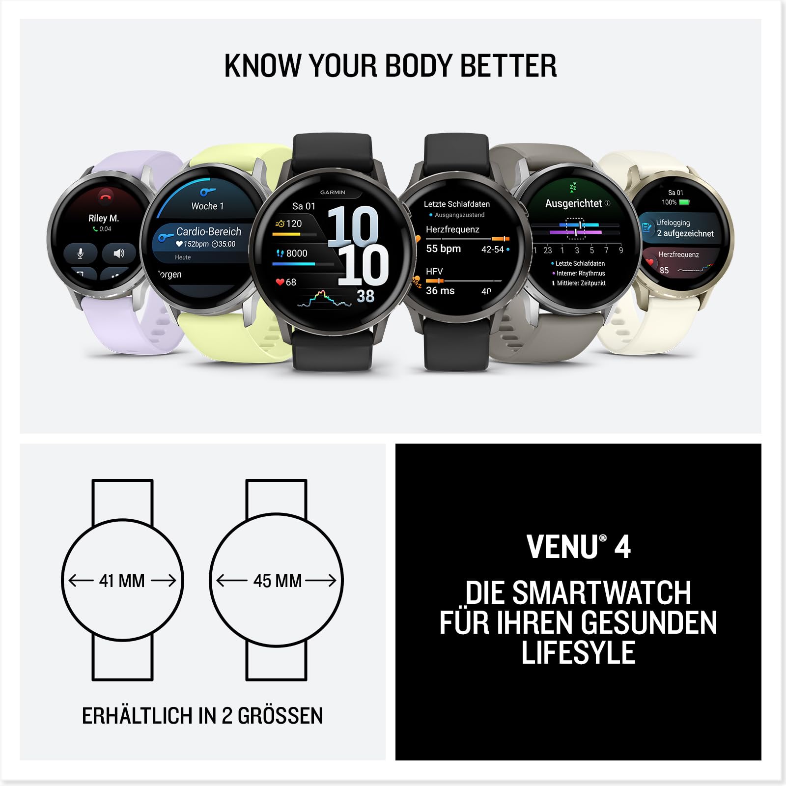 Garmin Venu 4 41mm Fitness-Smartwatch, 1,2" AMOLED, 80+ Sport-Apps, EKG, Fitness Coach, Telefonie, Taschenlampe, 10 Tage