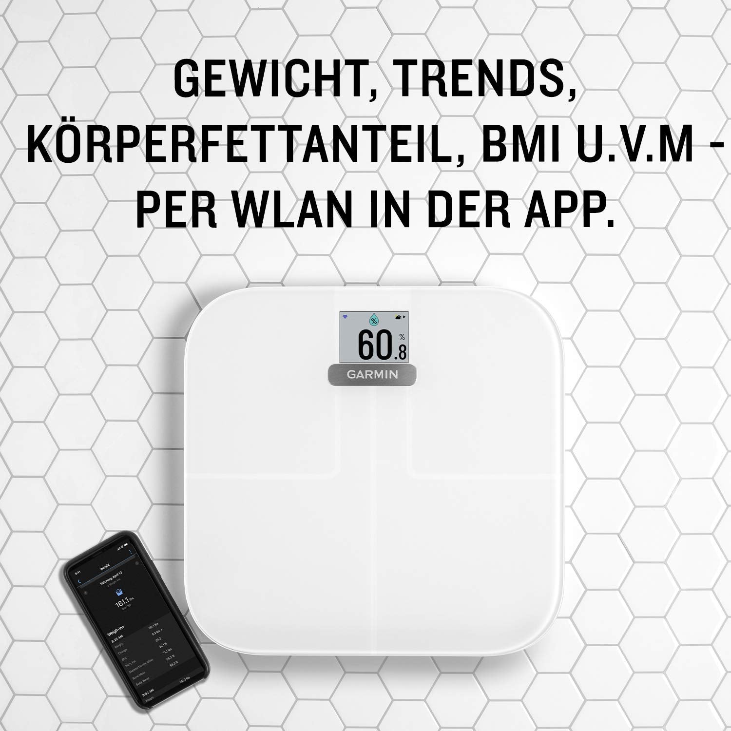 Garmin Index S2 Smart Waage, Gewicht, Fettanteil, Muskelmasse, BMI, WLAN, Garmin Connect, bis 16 Nutzer speicherbar